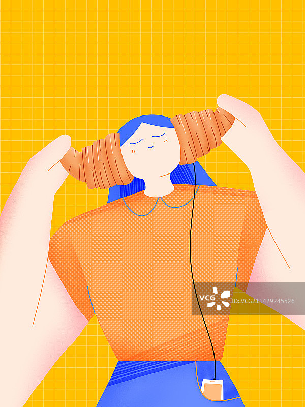 黄色清新可爱戴着可颂面包耳机的女孩扁平插画图片素材
