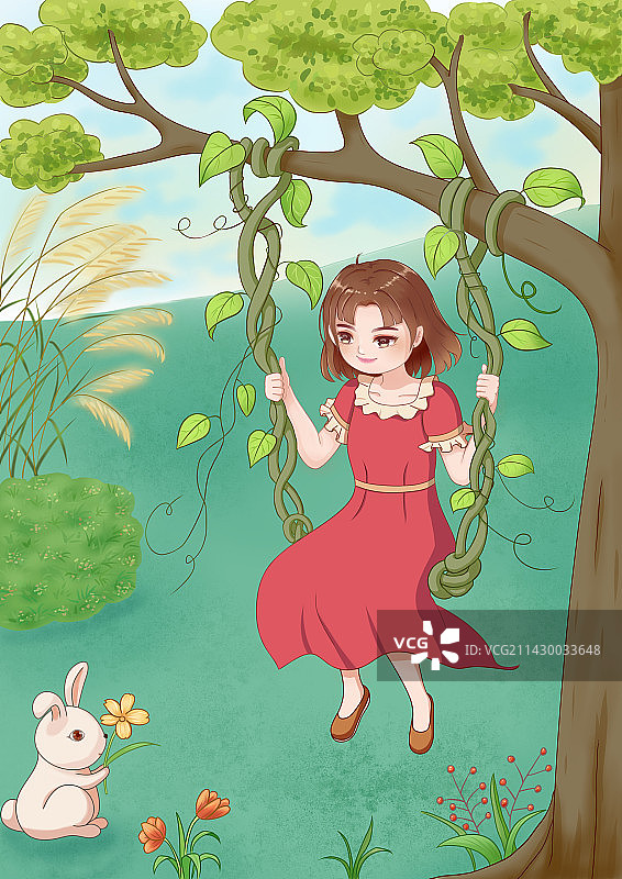 穿红裙的女孩与小白兔在夏日的微风中，到林中愉快地荡秋千玩耍。图片素材
