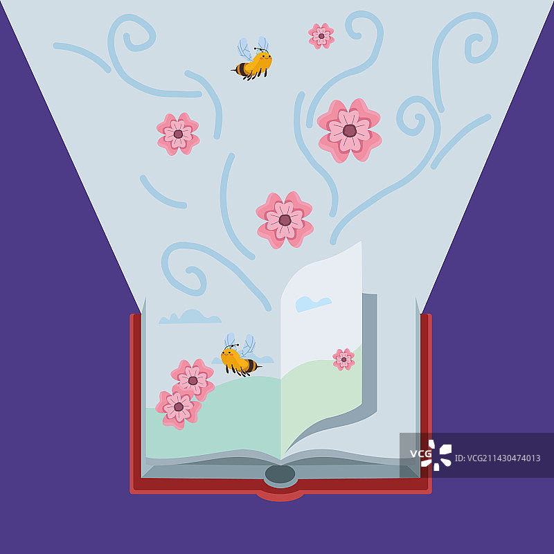 翻开有蜜蜂和花的书图片素材