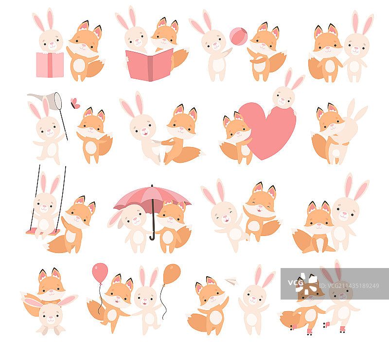 漂亮的小兔子和小狐狸在一起玩图片素材