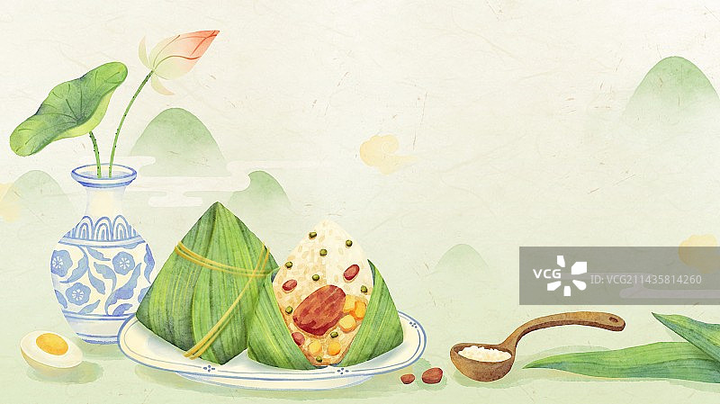 端午节安康-手绘古风荷花一盘粽子插画图片素材