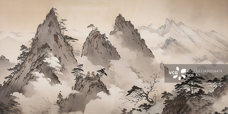 【AI数字艺术】中国水墨山水画，新中式风格，自然风景插画图片素材