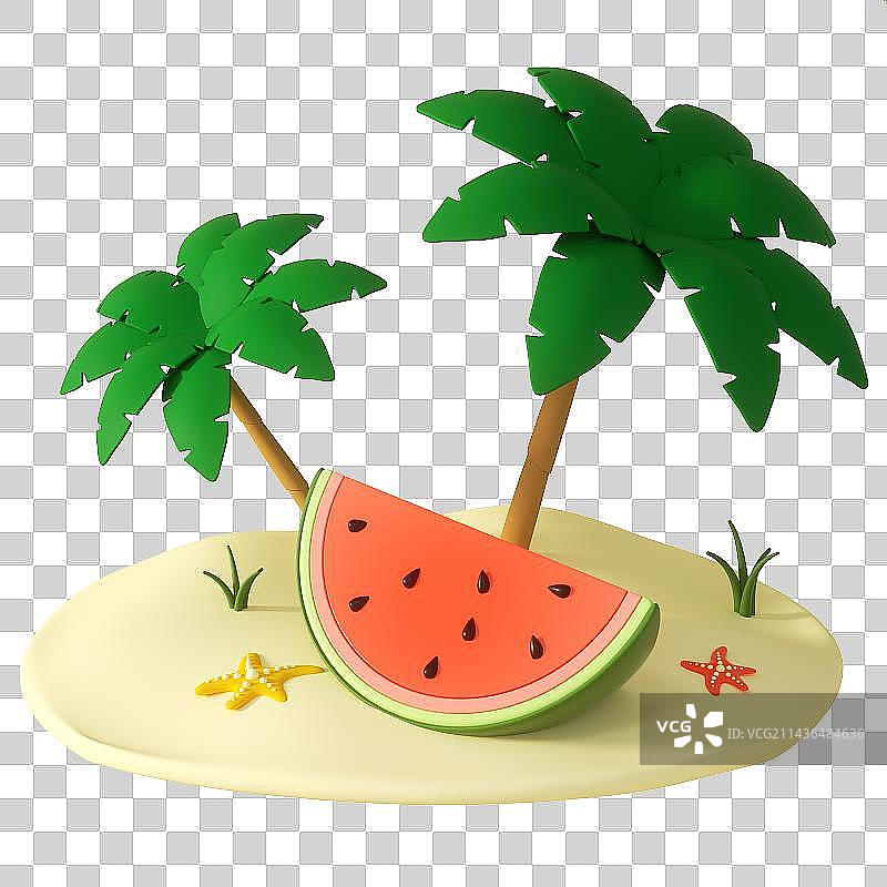 C4D建模夏天沙滩椰子树橙汁西瓜休闲乘凉图片素材