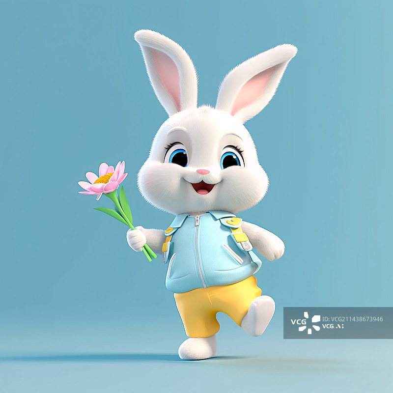 【AI数字艺术】可爱的兔子拿着鲜花，中秋节玉兔，农历新年。图片素材