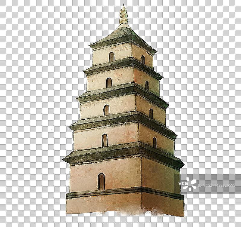 丝绸之路之西安大雁塔-水彩元素图片素材