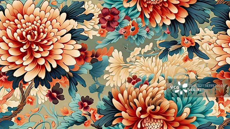【AI数字艺术】复古风格花卉无缝图案，无缝背景花卉，纺织品，织物，图片素材