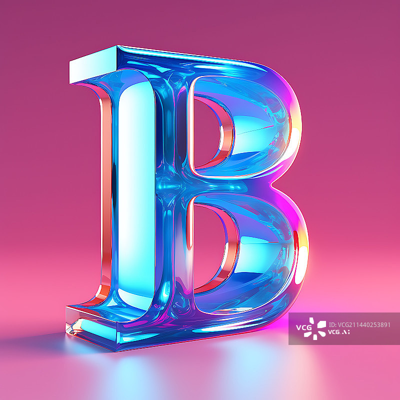 【AI数字艺术】大写字母B透明玻璃质感全息色彩三维立体元素图片素材