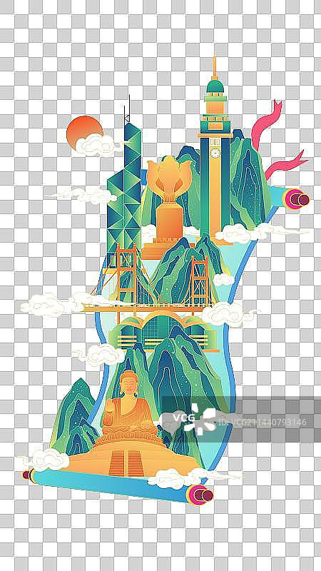 卷轴山水画香港周年庆中国风复古地标旅游矢量插画建筑群图片素材