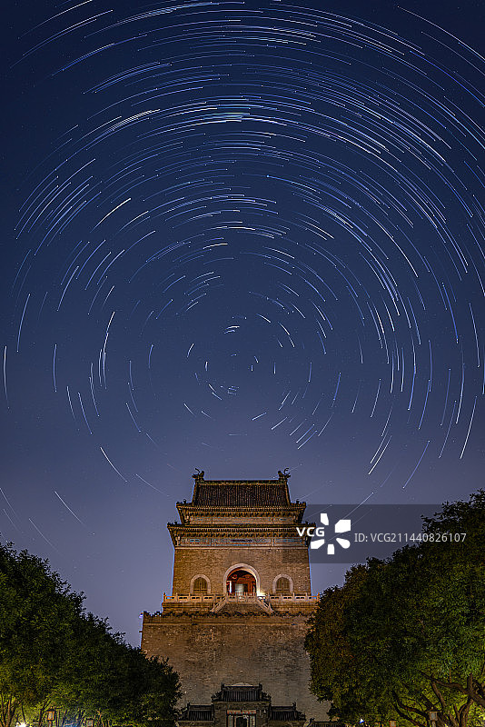 夜晚北京中轴线上的钟楼和星轨图片素材