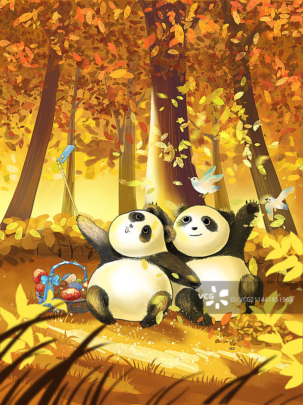 金黄的秋天，两只可爱的熊猫在森林里欢乐地玩耍，手绘插图。图片素材