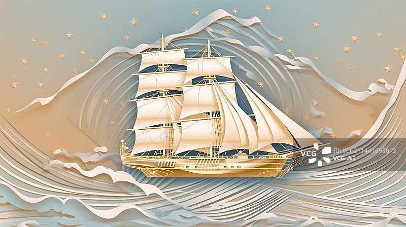 【AI数字艺术】金线艺术风格的豪华抽象波浪艺术背景上带有方帆的金色三桅帆船图片素材