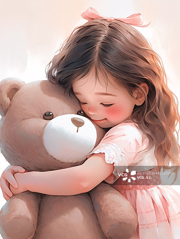 【AI数字艺术】白色背景下抱着泰迪熊的可爱女孩图片素材