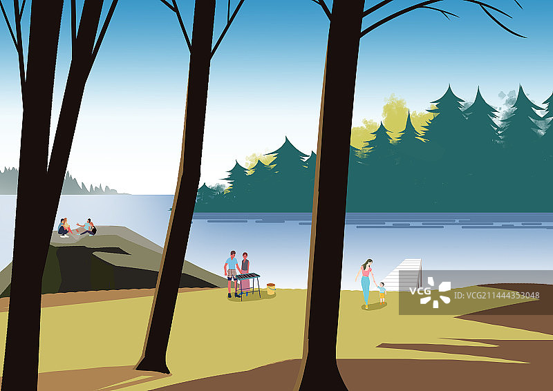 暑假假日度假游玩旅行旅游户外踏青郊游亲子互动家庭玩耍环境自然生态湖泊插画图片素材
