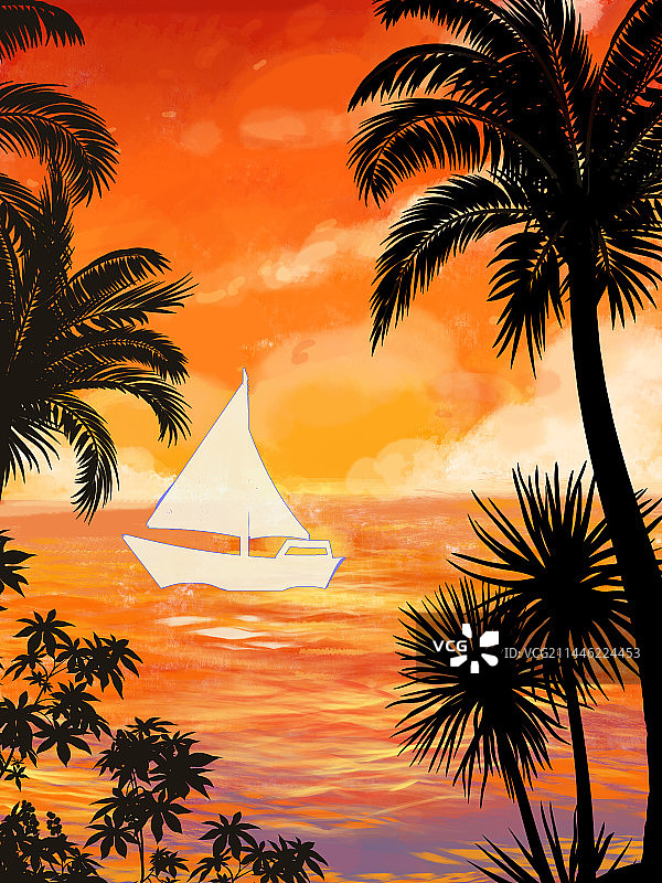 夕阳下的海边椰子树图片素材