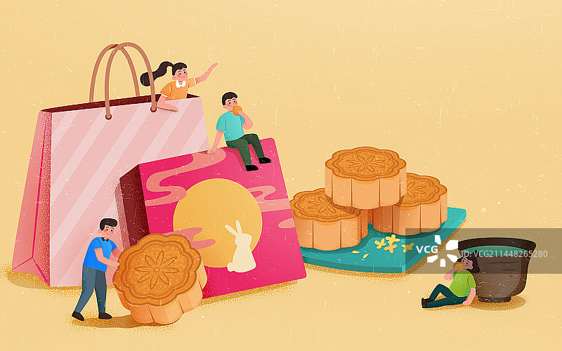 欢乐中秋节送礼插画 人物购物袋礼盒与月饼图片素材