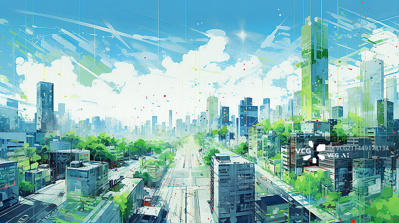 【AI数字艺术】抽象艺术感的现代摩天楼城市插画图片素材