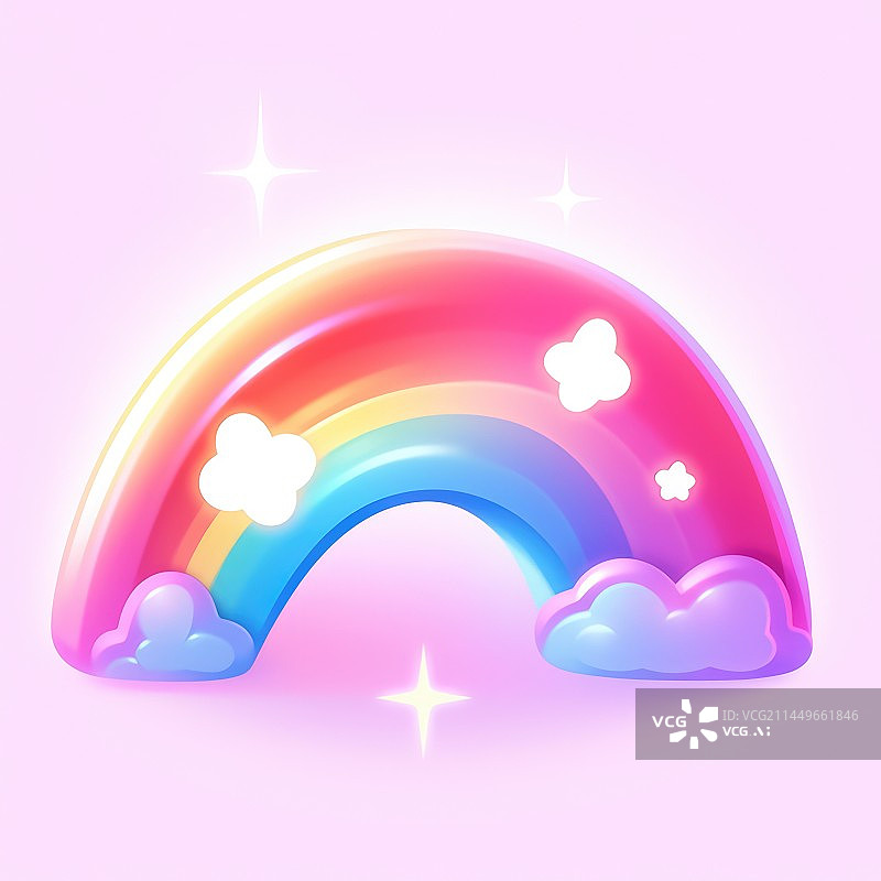 【AI数字艺术】彩虹与云3d。渲染彩色彩虹。夏季天气符号。图片素材