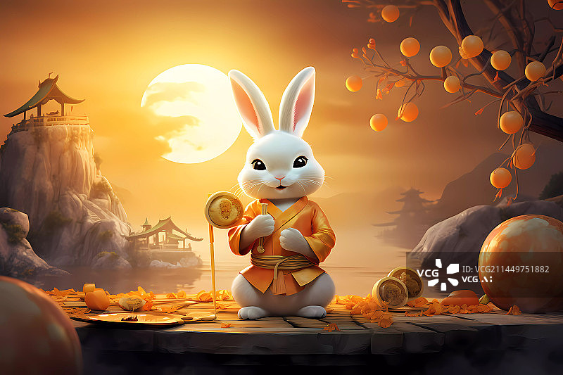 【AI数字艺术】中秋节玉兔赏月吃月饼传统节日兔子望月插画图片素材