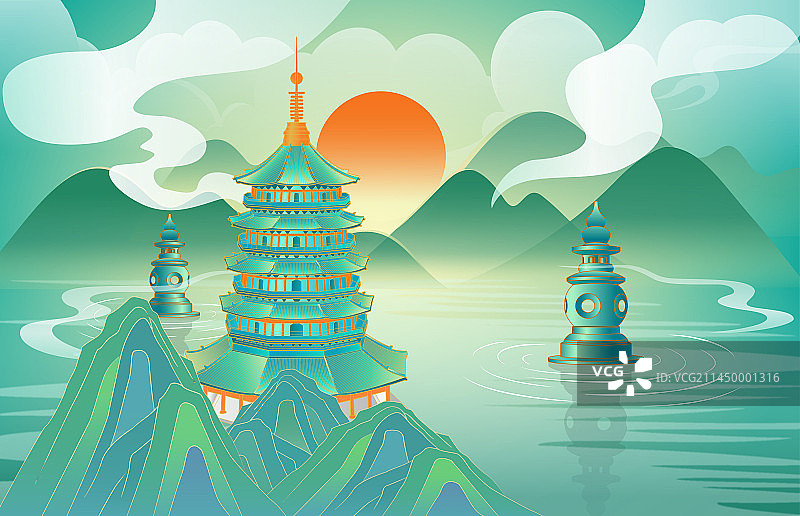 浙江杭州城市天际线地标建筑国风矢量插画图片素材