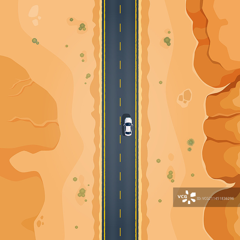 沙漠公路的俯视图汽车沿着高速公路行驶图片素材