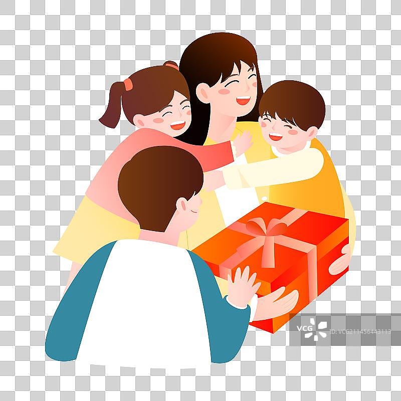 三个孩子拥抱抱着礼物的女人矢量插画元素图片素材