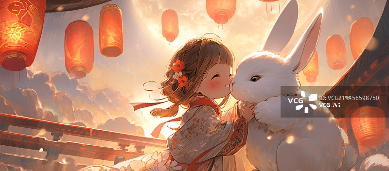 【AI数字艺术】古风女孩亲吻月兔灯笼中秋节节日插画图片素材