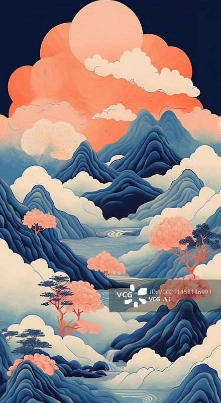 【AI数字艺术】山峰河面云朵月亮新中式中国风插画图片素材