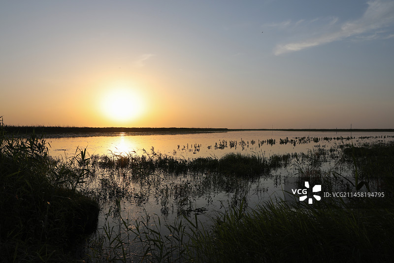 鄱阳湖南矶湿地湖泊草场黄昏日落图片素材
