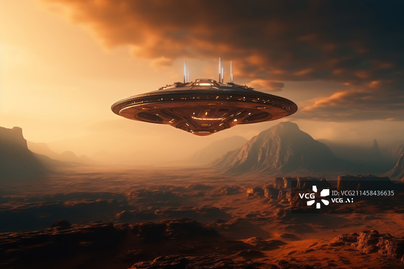 【AI数字艺术】飞碟宇宙飞船在外星火星地表插画图片素材