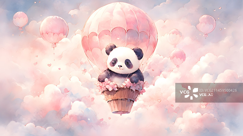 【AI数字艺术】粉色熊猫热气球插画图片素材