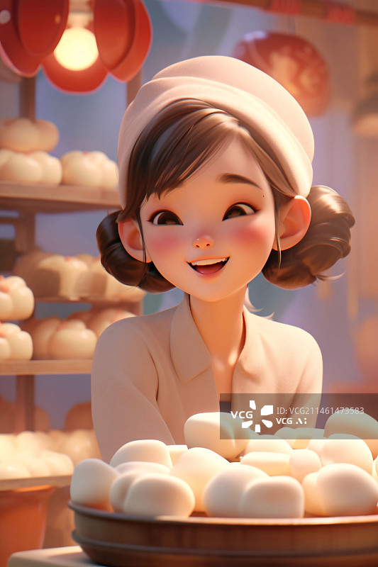 【AI数字艺术】立冬节气，女厨师在厨房制作饺子面点概念插画图片素材