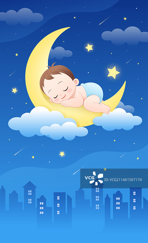 夜晚趴在月亮上睡觉的婴儿和星星云朵梦幻夜空城市背景清新唯美晚安卡通矢量插画海报壁纸图片素材
