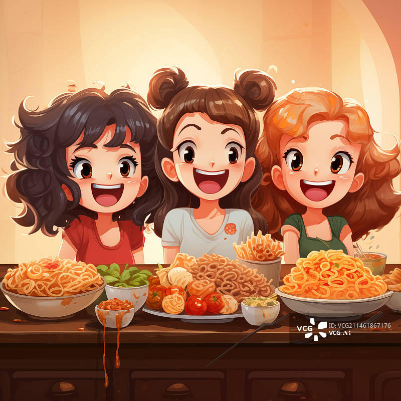 【AI数字艺术】三个女孩的温馨聚餐时刻，桌上摆满美味是意大利面和蔬菜图片素材