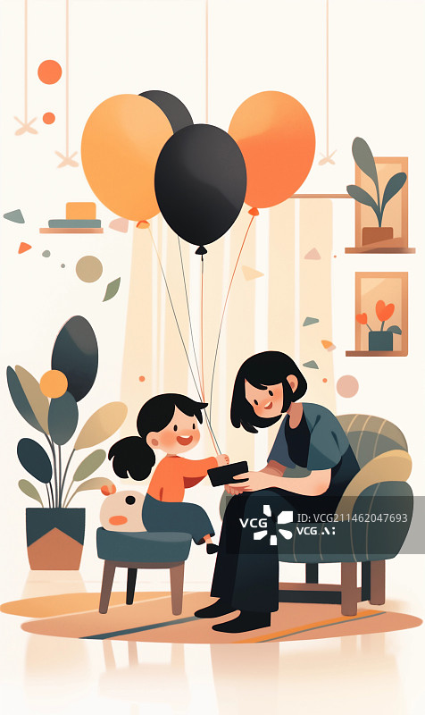 【AI数字艺术】小女孩拿着气球坐在凳子上和妈妈拍照插画图片素材