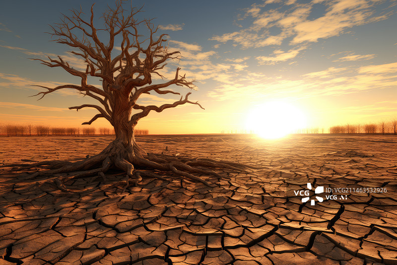 【AI数字艺术】干旱的土地上的孤独的树图片素材
