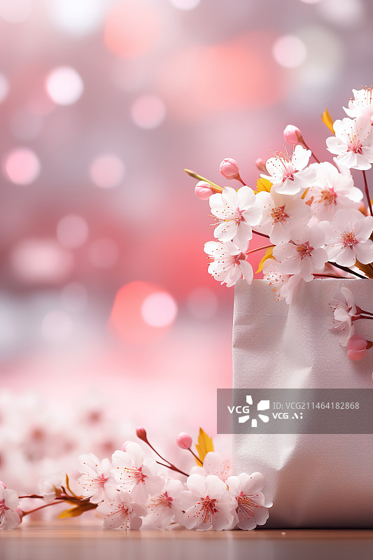 【AI数字艺术】春天粉色购物袋里面装满了鲜花电商购物节图片素材