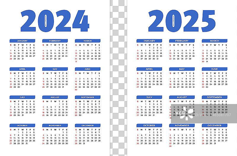 2024年和2025年可编辑日历模板图片素材