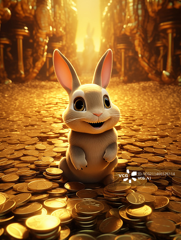 【AI数字艺术】坐在金币上的一只兔子3D金融类插画图片素材