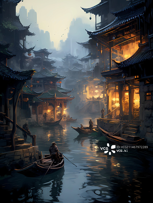 【AI数字艺术】中国风插画——沿河而建的江南古镇，阴雨天，居民摇着船出行图片素材