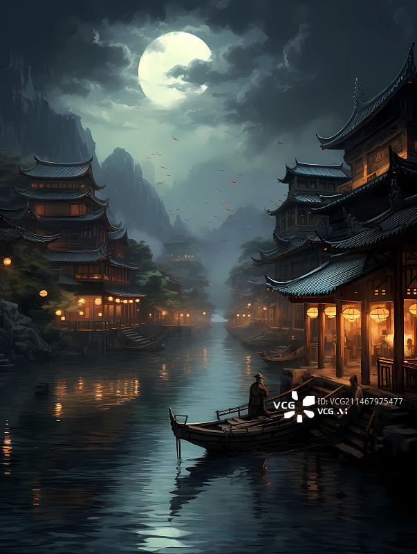 【AI数字艺术】国风插画——江南古镇夜景图片素材
