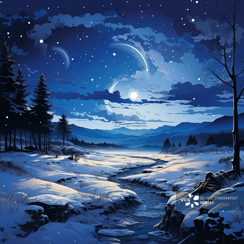 【AI数字艺术】星空雪景背景，蓝色星空背景，星空背景图图片素材