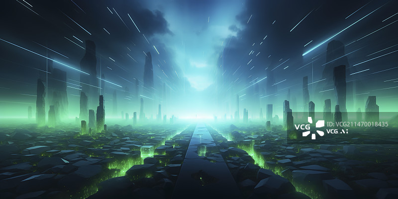【AI数字艺术】发光的外星城市粒子束科技背景图片素材