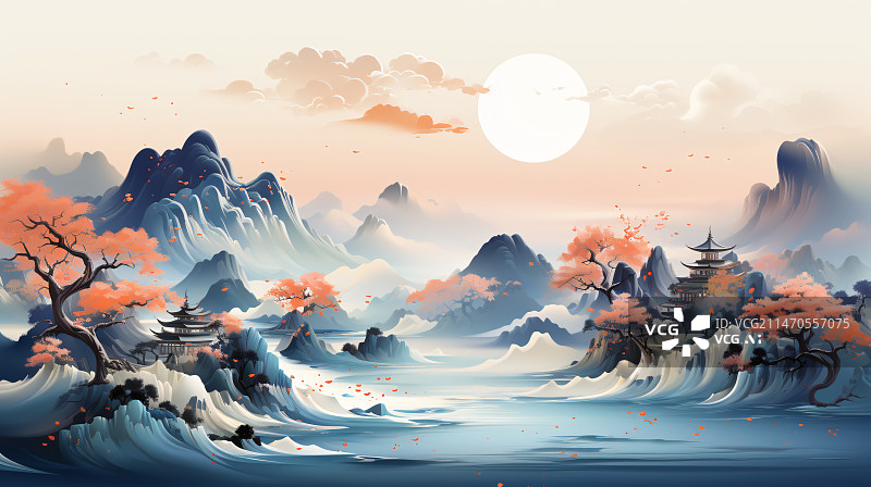 【AI数字艺术】中国抽象山水艺术背景插画图片素材