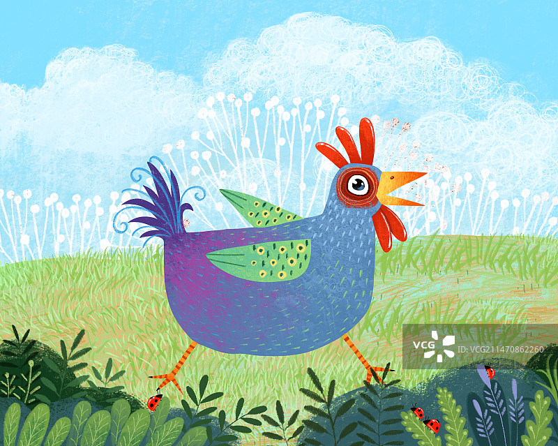 萌趣可爱的动物儿童插画 美丽的公鸡在草地上图片素材