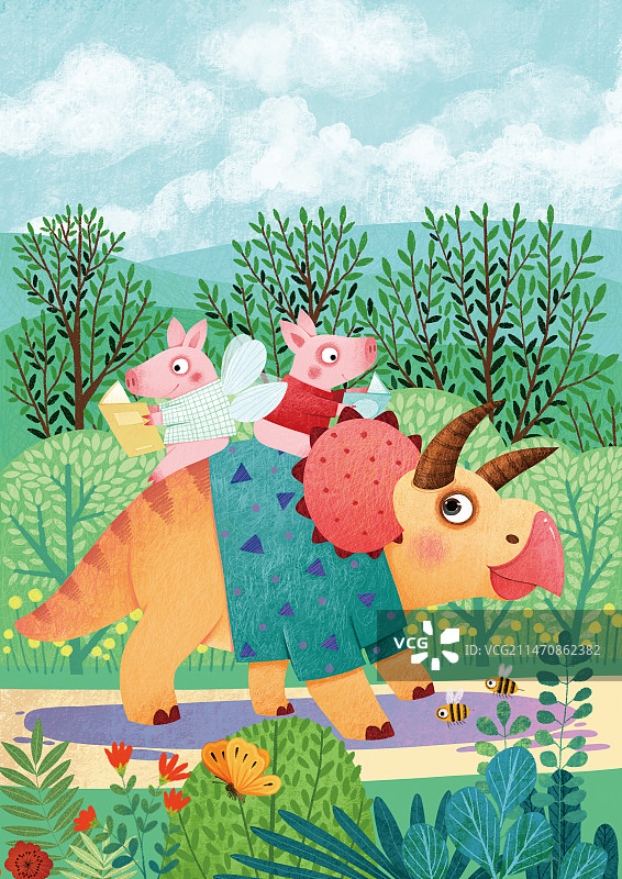 三角龙和两只小猪 萌趣可爱的动物儿童插画图片素材