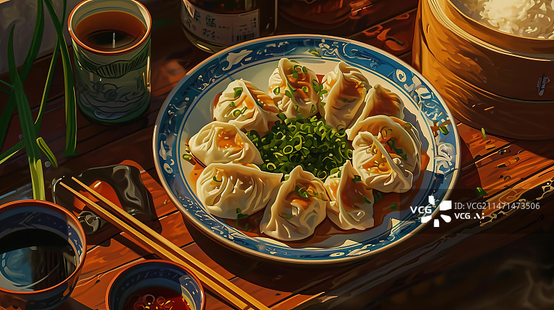 【AI数字艺术】桌上盘子里的饺子特写镜头水彩插画绘画图片素材