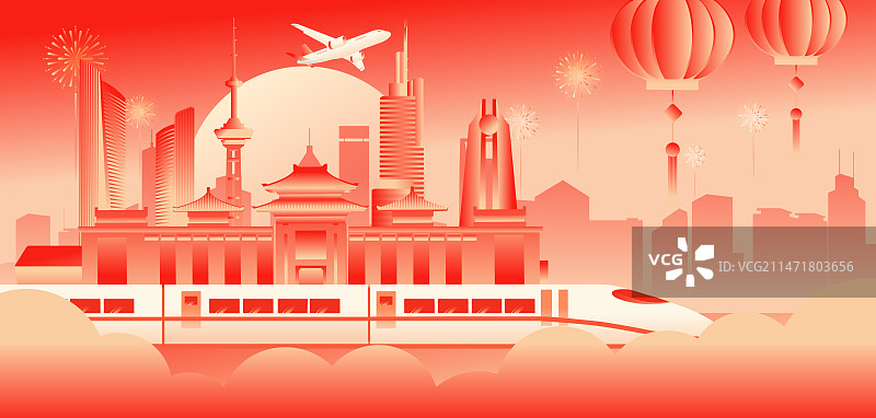 南京城市建筑新年春节春运抢票剪影渐变矢量插画图片素材