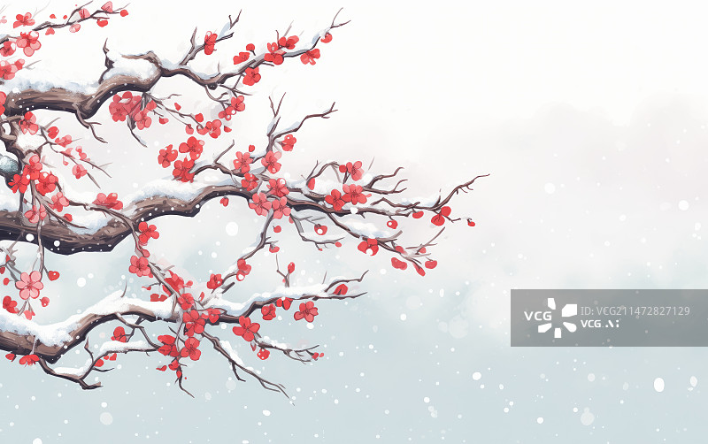 【AI数字艺术】白雪覆盖在冬季里盛开的梅花枝上图片素材