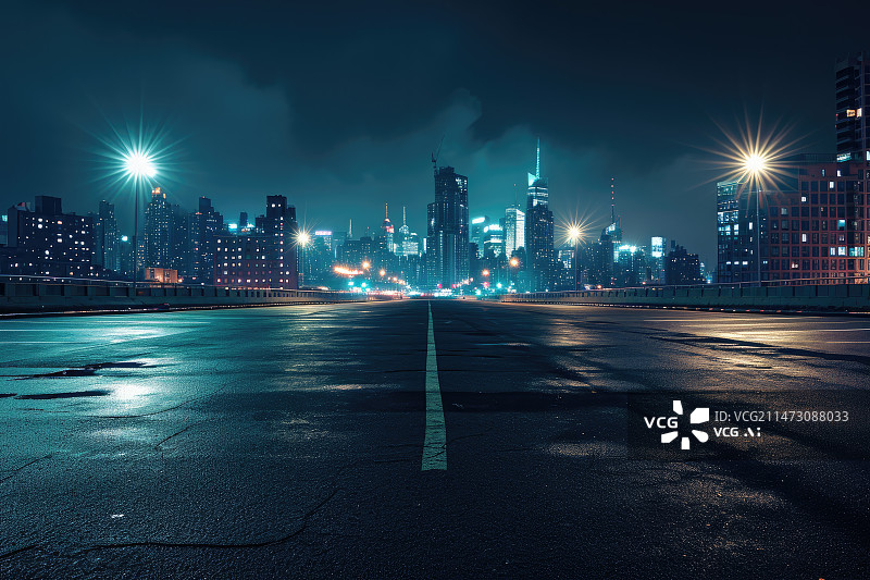 【AI数字艺术】夜间的城市街道图片素材