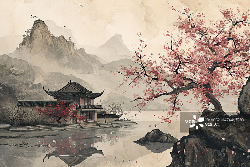 【AI数字艺术】中国画风格山水风景图片素材